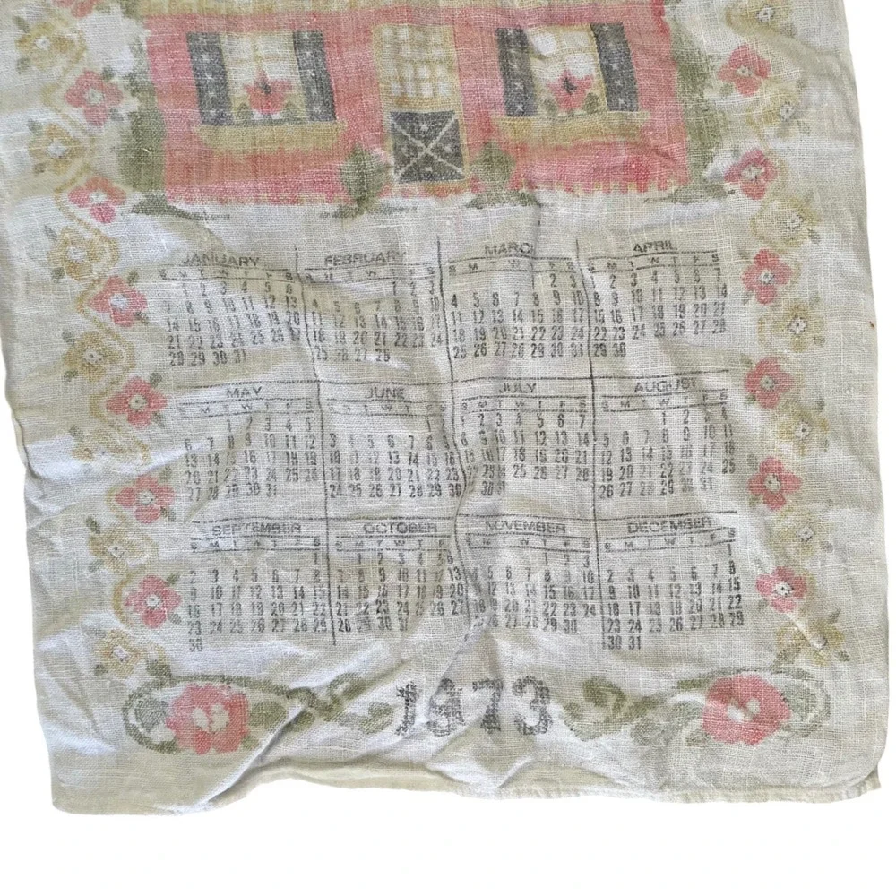 Vintage 1973 Calendar Linen Tea Towel BLESS THIS‎ HOUSE Distressed Trees Flowers